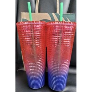 Starbucks 2022 Watermelon Pink Purple Gradient Ombre Grid 24oz Venti Tumbler Cup